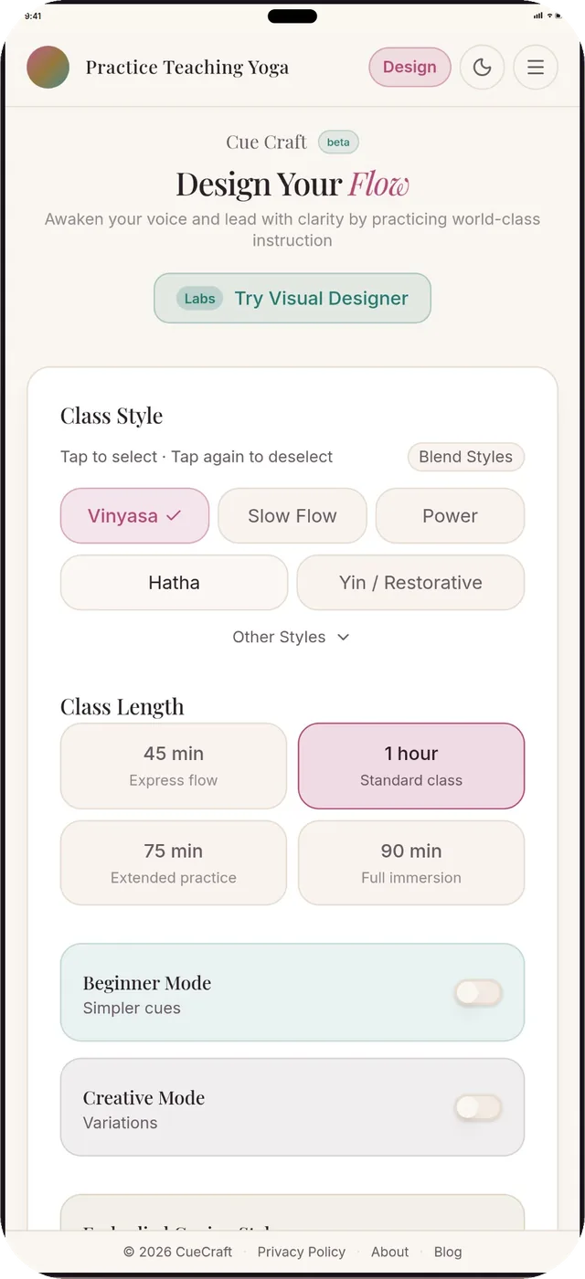 CueCraft class setup screen showing style and class length choices