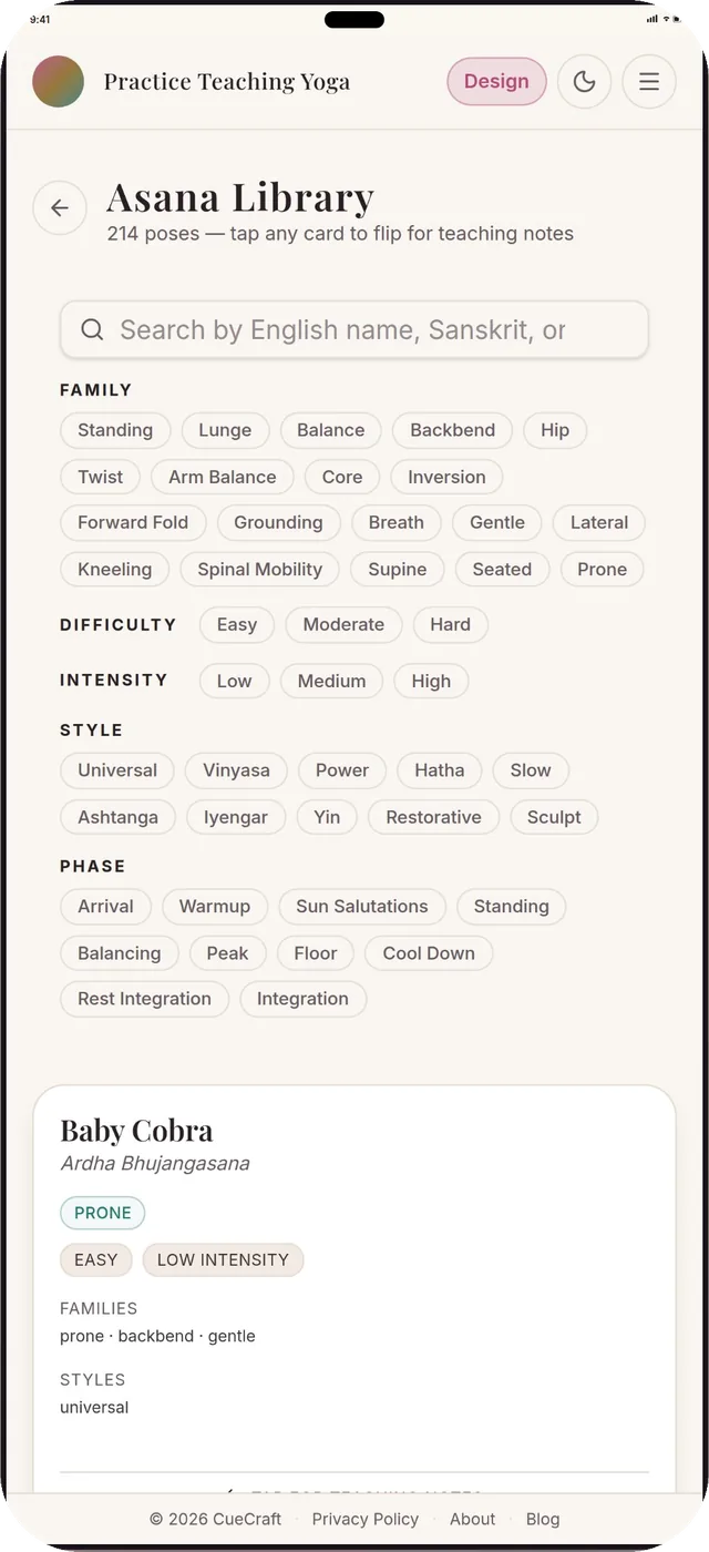 Asana library with filters for family, difficulty, intensity and phase