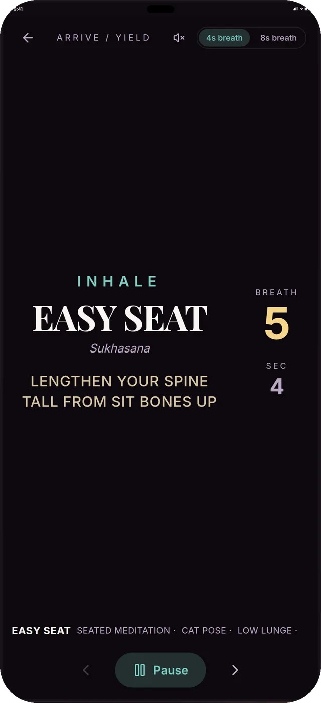 Flow Prompter showing the current pose, breath count and next cue in large type