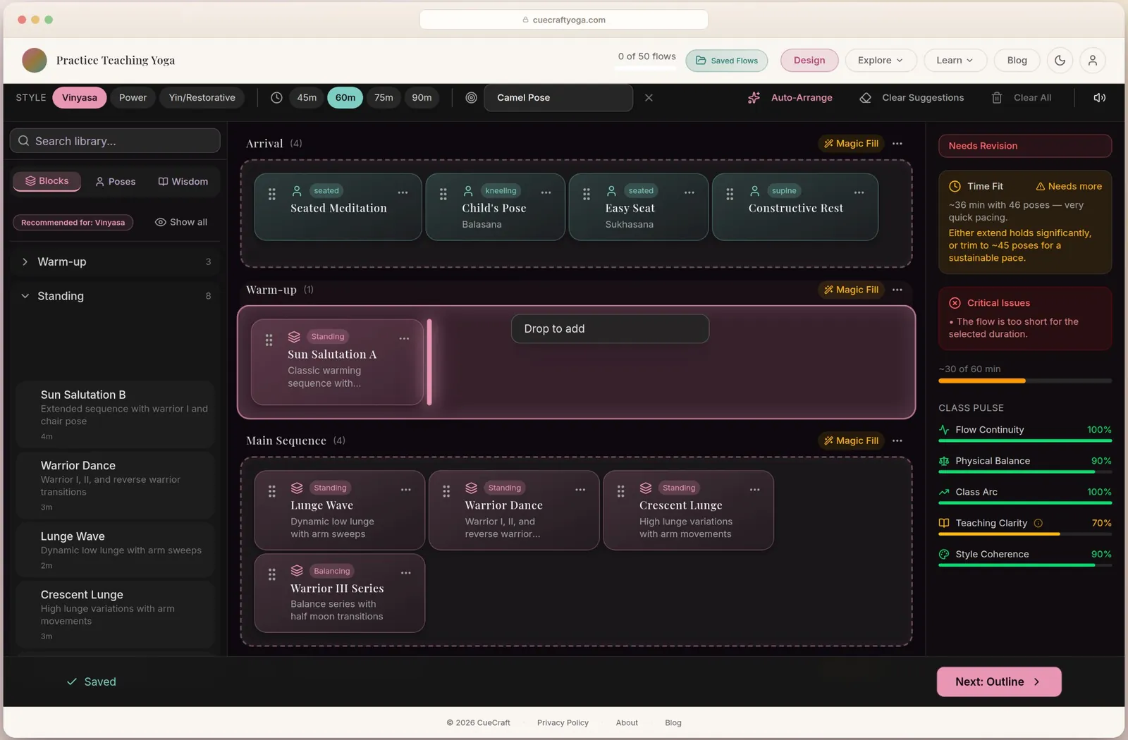The CueCraft web designer with drag and drop phases and a Class Pulse score